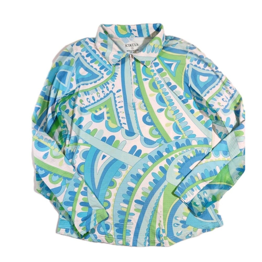 Icikuls Sun Shirt Womens S Blue/Green 1/4 Zip Long Sleeve Mesh Golf Pickleball